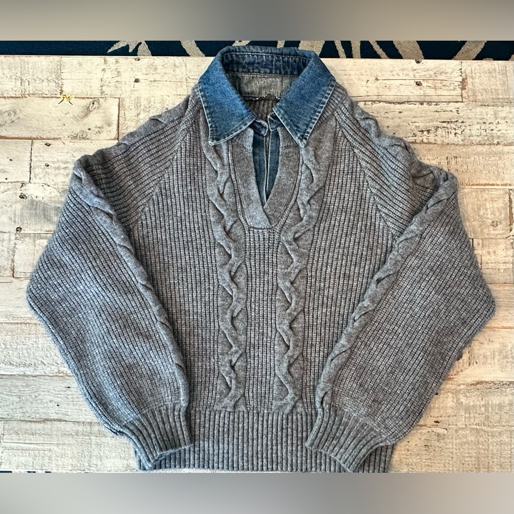 Commense Denim Panel Ribbed Lapel Patchwork Long … - image 3